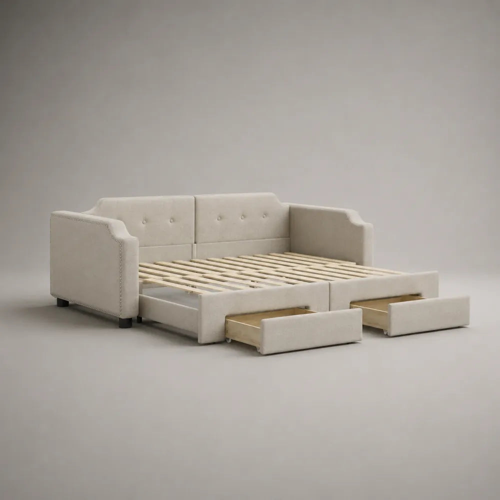 Letto matrimoniale con cassetti 160x200 cm in tessuto beige struttura rettangolare imbottita con rete a doghe