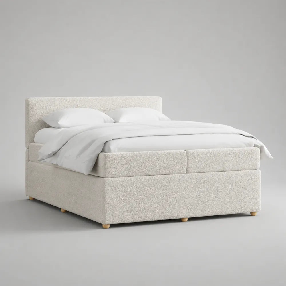 Letto matrimoniale 160x200 cm struttura imbottita in MDF rivestimento tessuto poliestere bouclé beige con testiera bassa piattaforma rettangolare