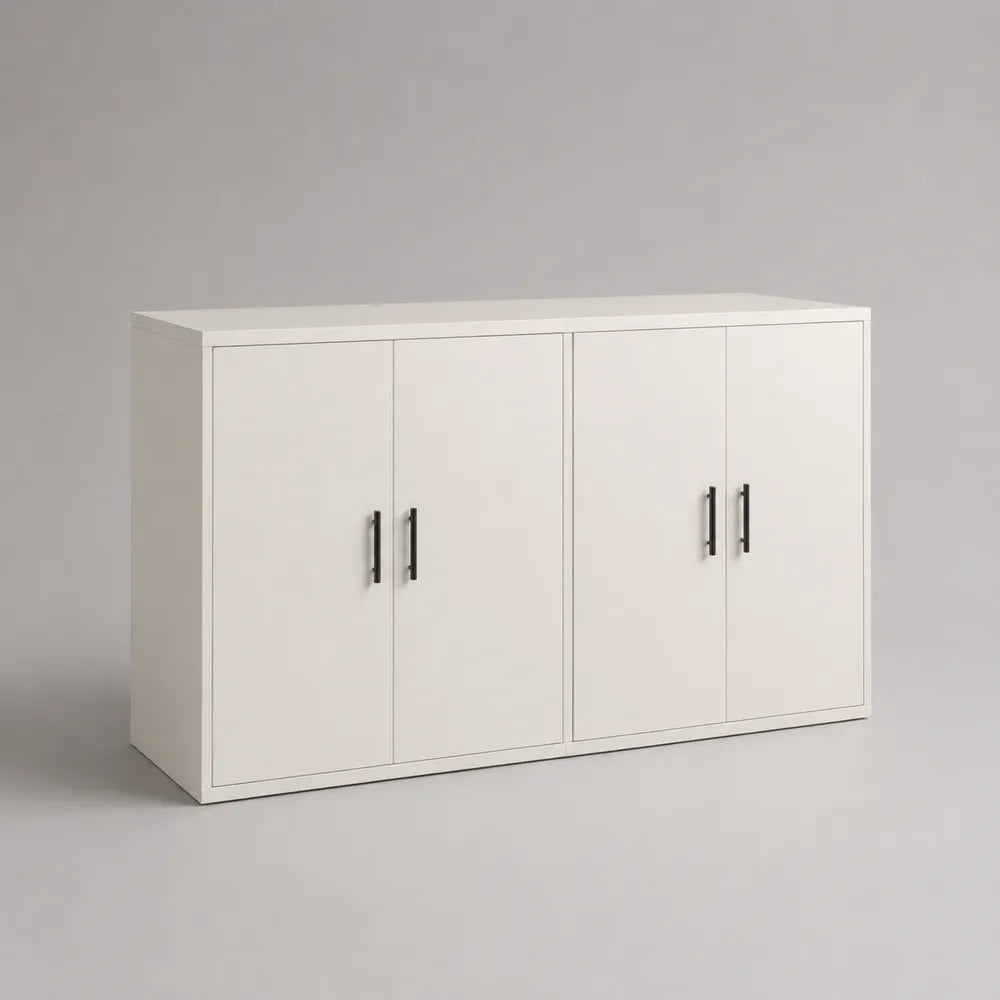 Credenza bassa in MDF bianco crema con 4 ante battenti e struttura rettangolare 160 x 40 x 80 cm con maniglie nere
