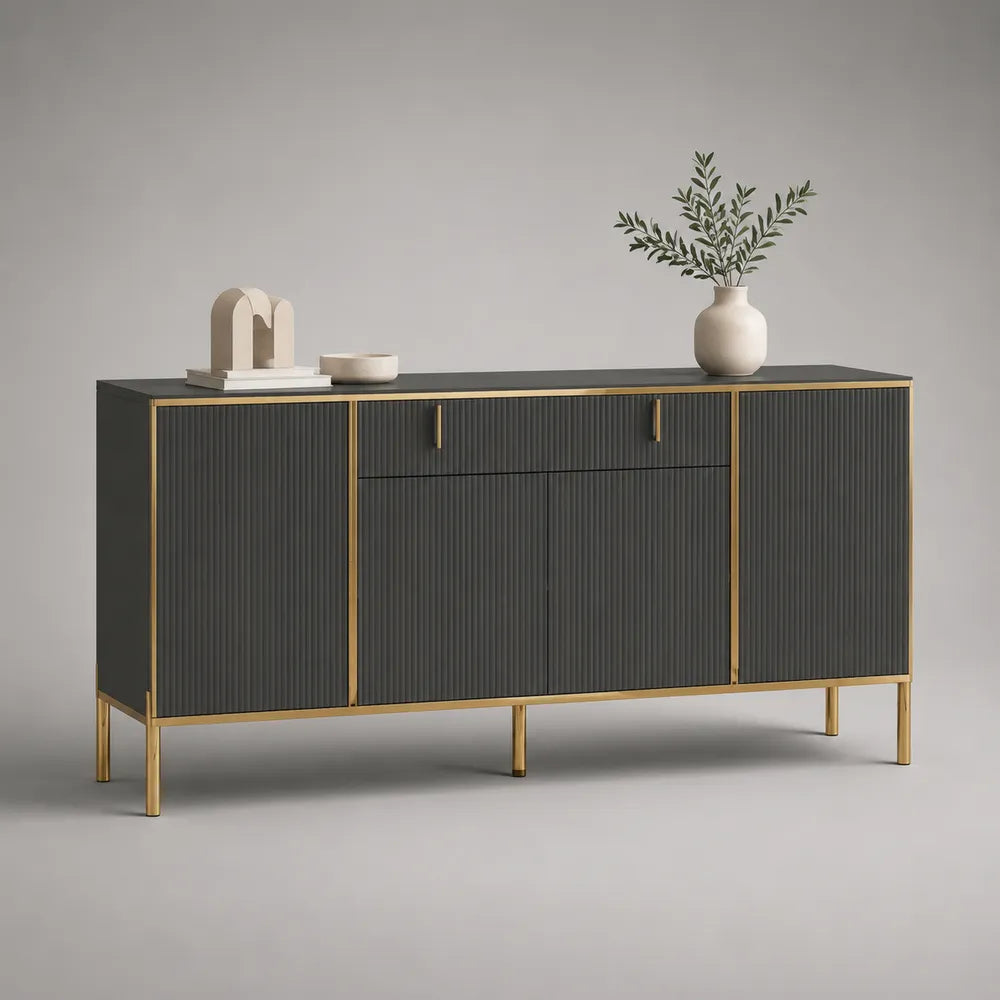 Credenza in MDF e metallo verniciato oro con ante scanalate e 1 cassetto 140 cm x 40 cm x 80 cm nero grigio scuro oro