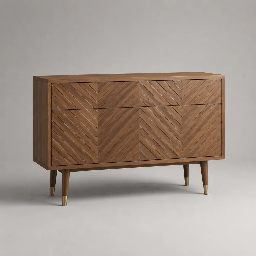 Credenza in MDF effetto noce con 4 ante battenti struttura rettangolare 160 cm x 40 cm x 80 cm con gambe in legno e puntali in ottone