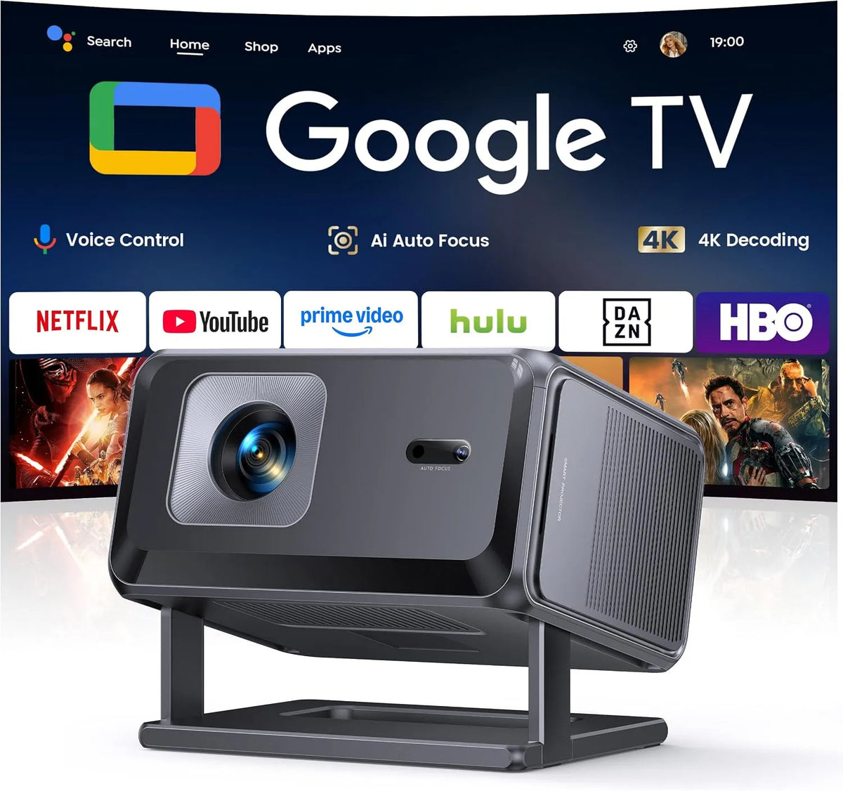 Google Smart TV, televisore, 4K UHD, Wi-Fi, portatile, esterno, Bluetooth, Compatibile con Netflix】Videoproiettore Auto Focus e 6D Keystone Projector
