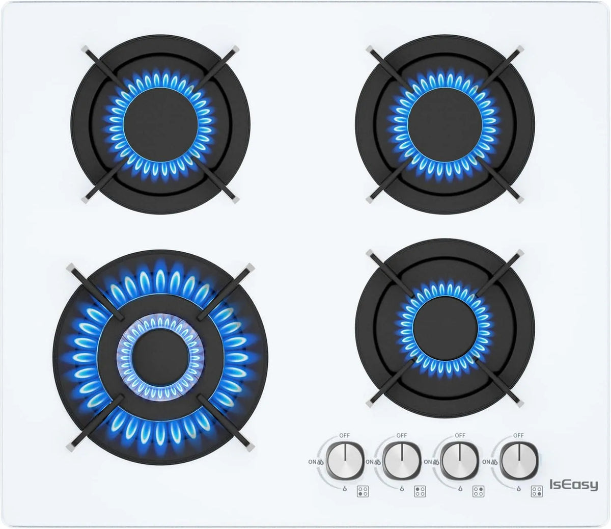 Piano cottura a gas, 60cm, 4 fuochi, 7800 W, da incasso, ghisa, fornello a gas, bianco, 7800W, Gas di città e bombola