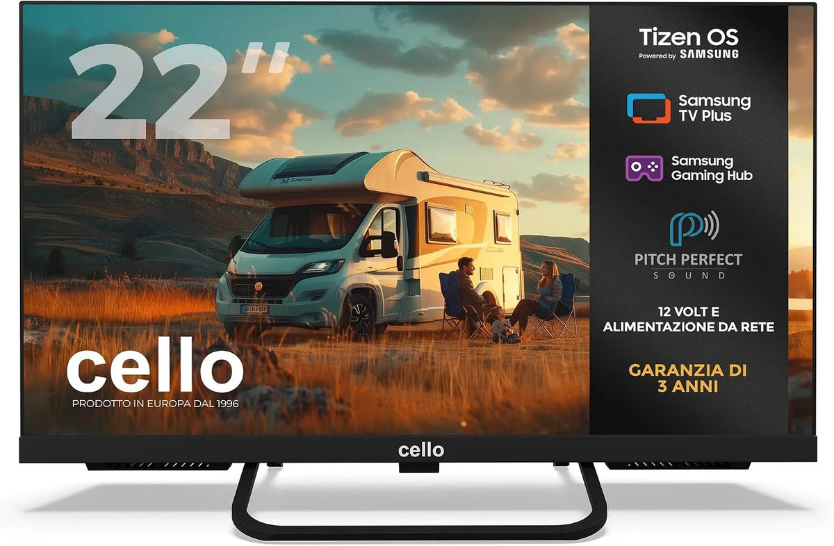 Samsung CTRAV-22TZ Smart TV, 22 pollici, 12 V, televisore, Tizen OS, Bluetooth, Cello CTRAV-22TZ Smart TV 22' 12V per camper e barca, ricevitore