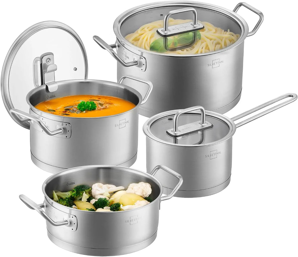 Prodotto Induzione, SILBERTHAL Set 4 pentole inox, Coperchi vetro, senza rivestim