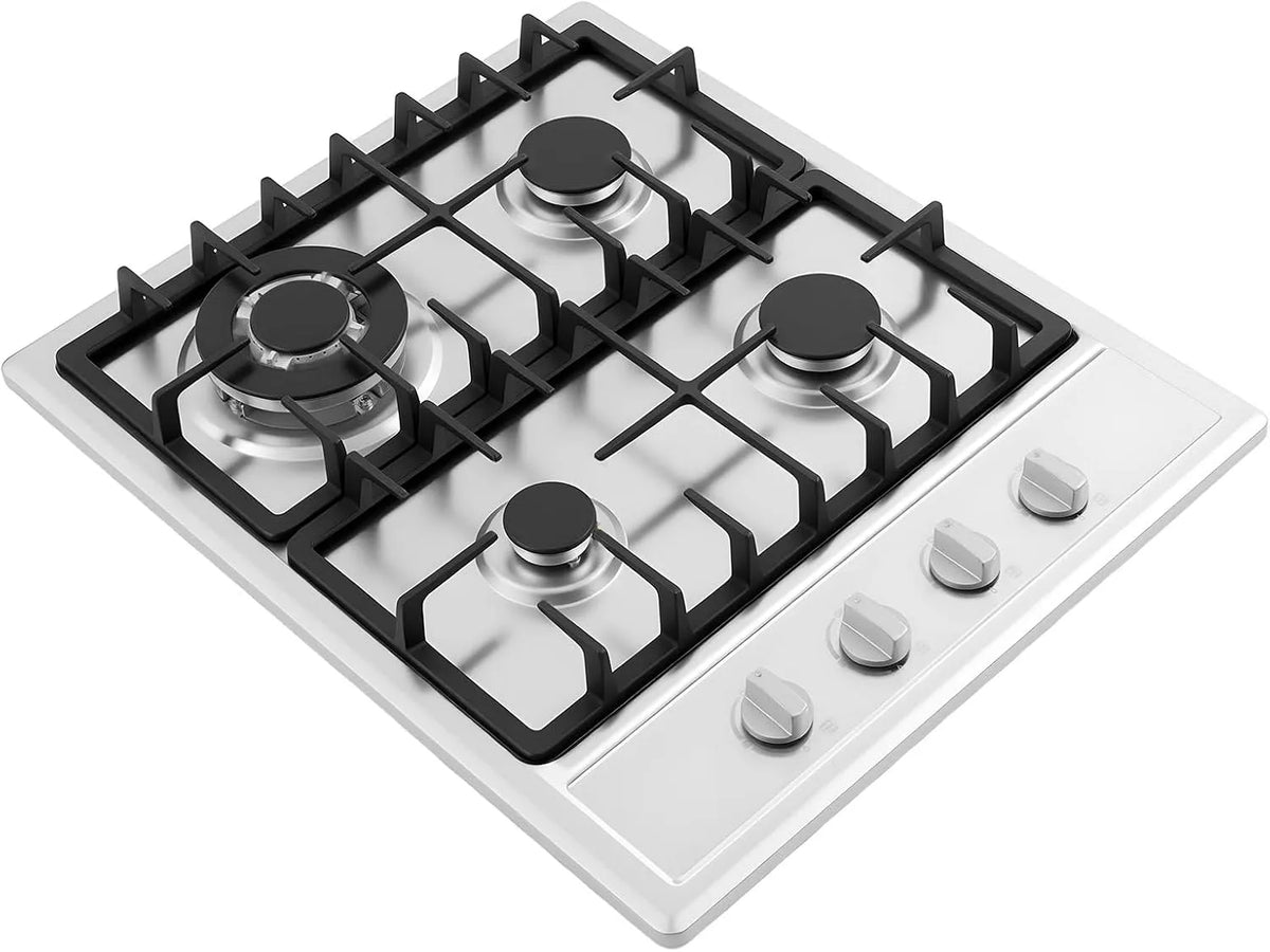 Piano cottura a gas, 59 x 51 cm, da incasso, acciaio inox, fornello a gas, 75 kW, 4 fiamme, 0 + 1, a risparmio energetico con accensione di sicurezza