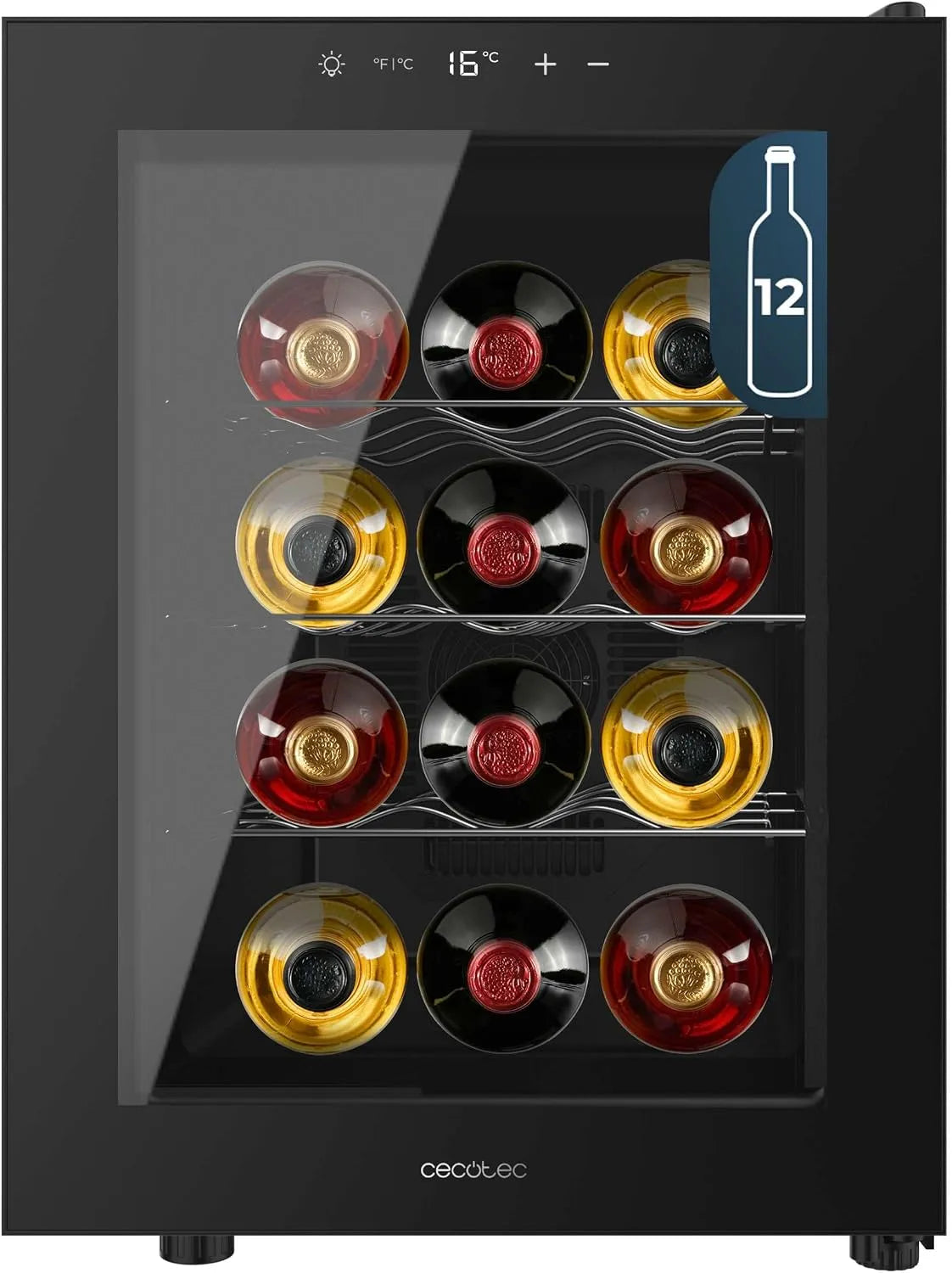Cecotec Capacità 12 Bottiglie, Cantina per vino CoolCrystal E, Ripiani in metallo, Controllo Touch Bolero GrandSommelier 1255, Temperatura 8-18oC