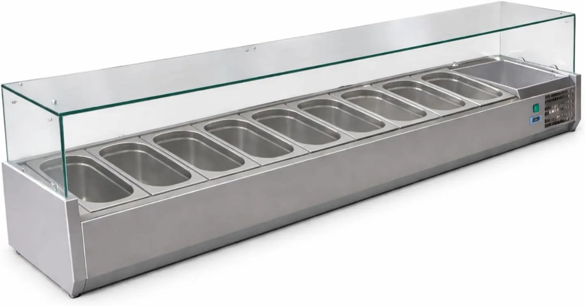 Prodotto 9 vasche GN 1, Vetrina Saladette refrigerata con ingredienti 2000 mm, +2, +8°C, Inox, 3 - +2