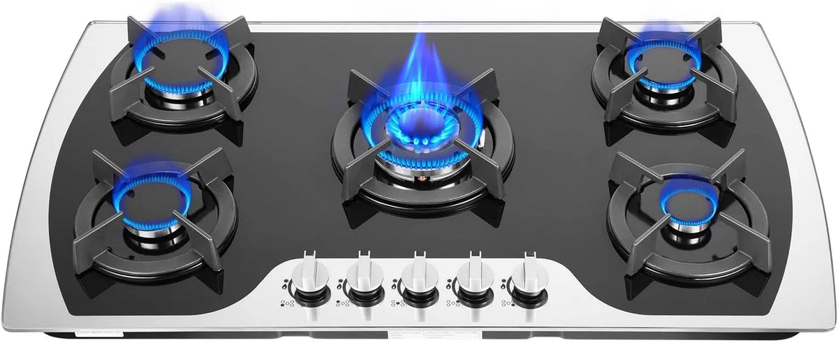 Piano cottura a gas, 5 fuochi, fornello a gas, vetro temperato da 7 mm, cucina a gas naturale, sistema di sicurezza alla mancanza di fiamma