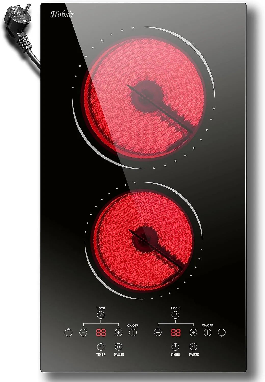 Piano cottura elettrico, 30 cm, 2 fuochi, 3000 W, touch, timer, piastra elettrica, Doppia Zona, Blocco di Sicurezza