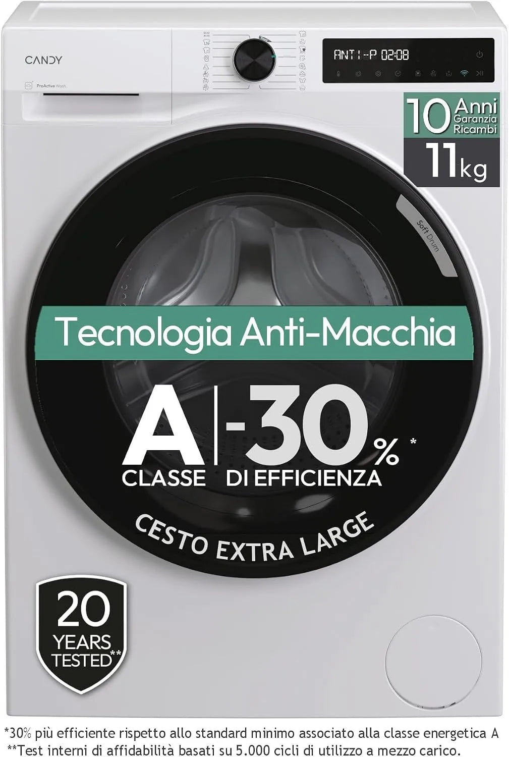 Candy 411BL9-S Lavatrice, 85x60x68, 1 cm, 16 programmi, 11 kg, 72 dB, classe energetica A, libera installazione, bianco, 1400 Giri, Classe A-30%