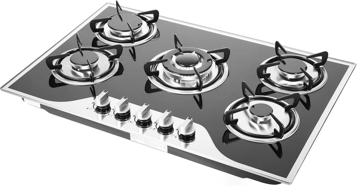 Piano cottura a gas, 5 fuochi, professionale, ghisa, fornello a gas, design robusto e lavello integrato per cucina, campeggio o esterni