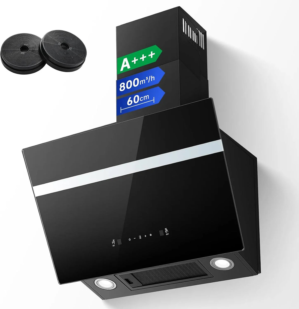 Cappa aspirante, 60 cm, 800 m3/h, 65 dB, classe energetica A, cappa da cucina, inclinata, Boost, 3 livelli, LED, Ricircolo & Canalizzazione