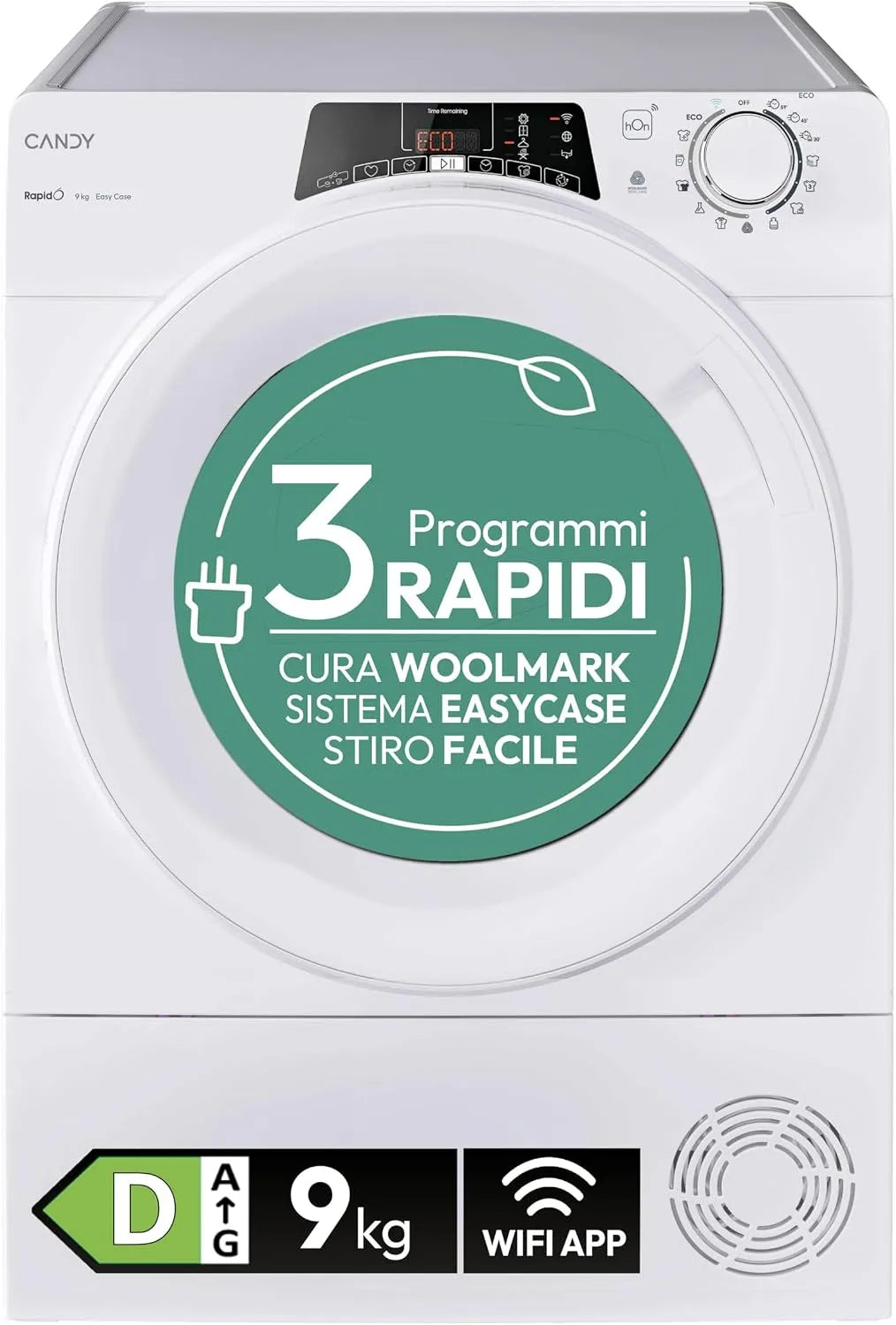 Candy Asciugatrice, 9 kg, classe energetica D, bianco, Candy Rapidò Asciugatrice a Pompa di Calore 9 Kg