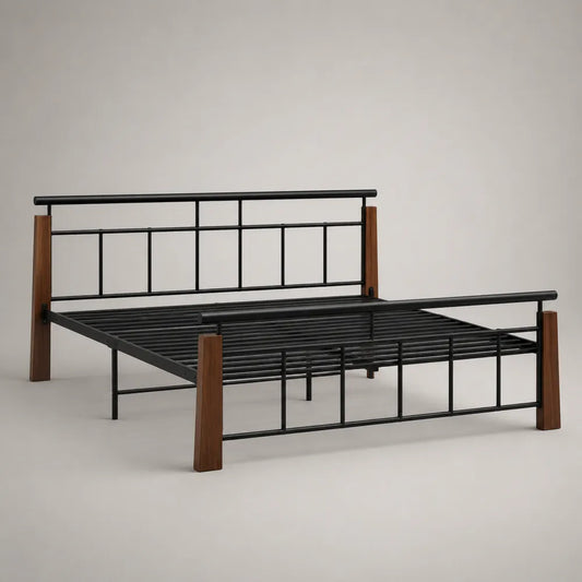 Struttura letto matrimoniale 160x200 cm in acciaio verniciato nero e legno massello finitura noce con rete a doghe in acciaio testiera e pediera lineari