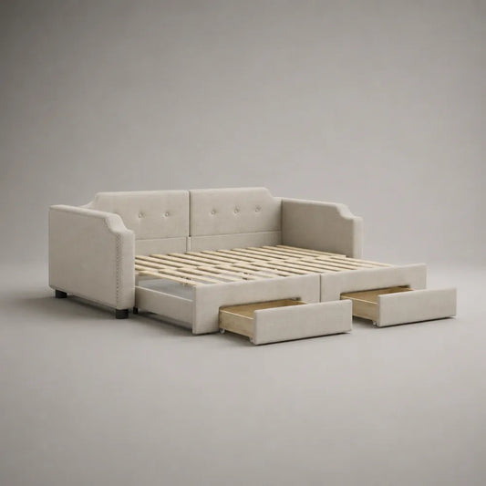 Letto matrimoniale con cassetti 160x200 cm in tessuto beige struttura rettangolare imbottita con rete a doghe