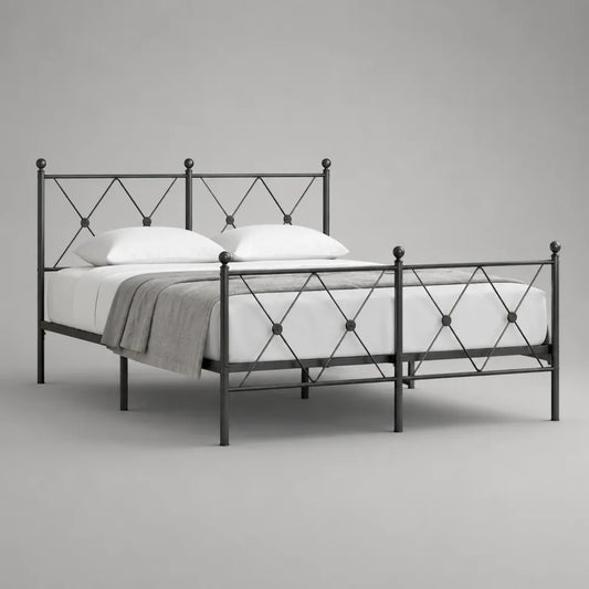 Struttura letto matrimoniale 160x200 cm in metallo verniciato nero con testiera e pediera a decoro incrociato