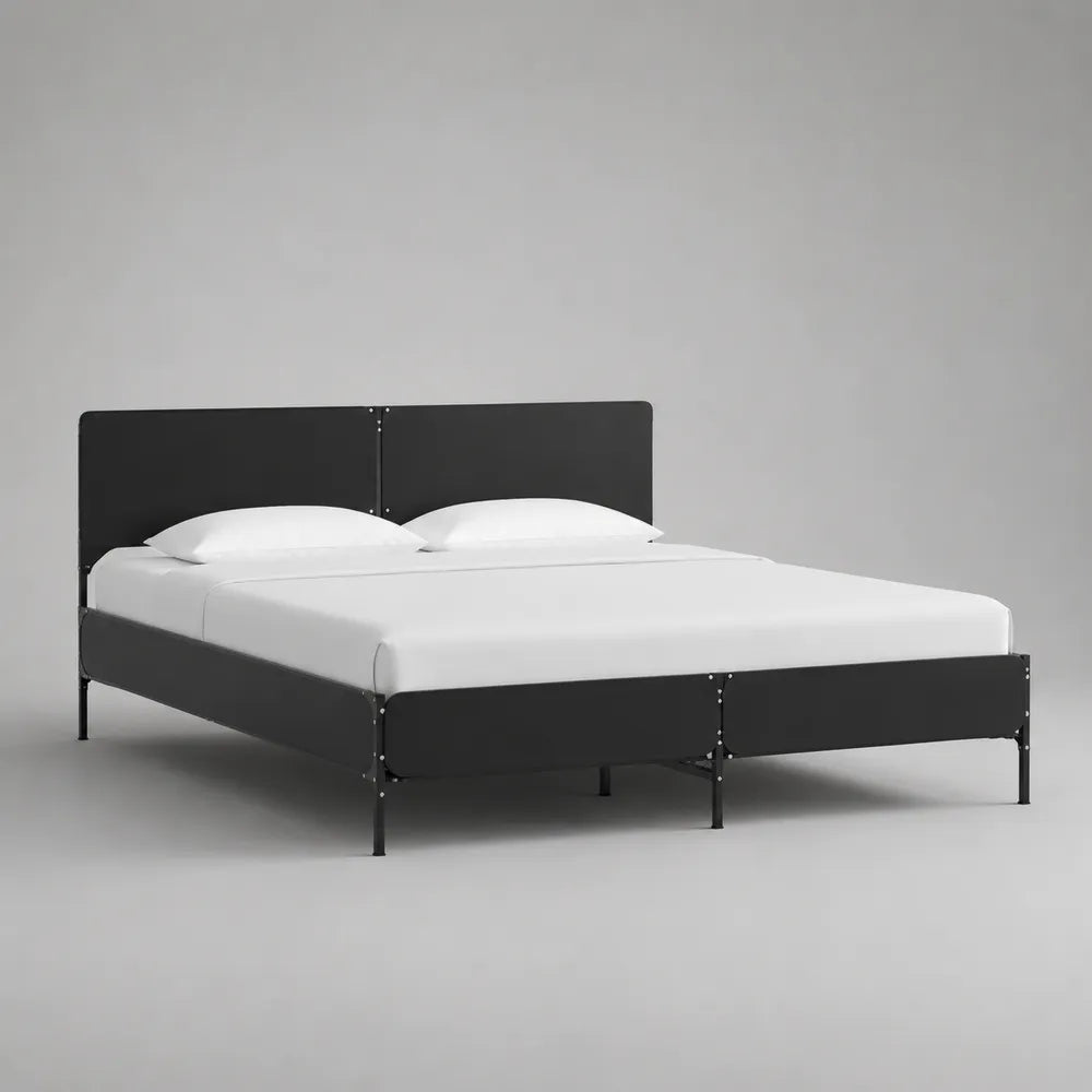 Letto matrimoniale 160x200 cm in acciaio verniciato nero con rete a doghe struttura rettangolare con testiera a pannelli