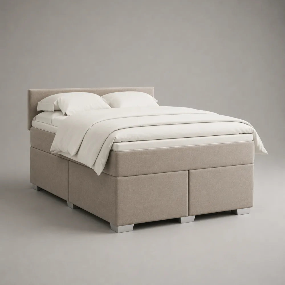 Letto matrimoniale contenitore 160x200 cm in tessuto beige struttura imbottita con cassetti e rete a doghe