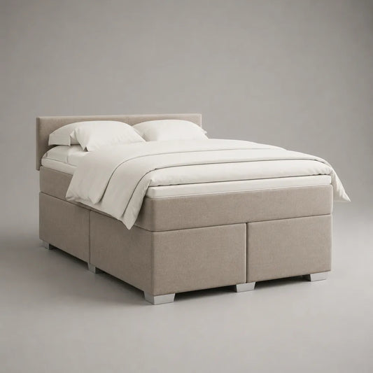 Letto matrimoniale contenitore 160x200 cm in tessuto beige struttura imbottita con cassetti e rete a doghe