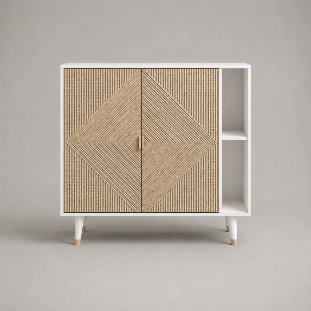 Credenza bassa in truciolare melaminico bianco con ante in rattan naturale e vano laterale aperto 120 cm x 40 cm x 85 cm bianco beige legno chiaro
