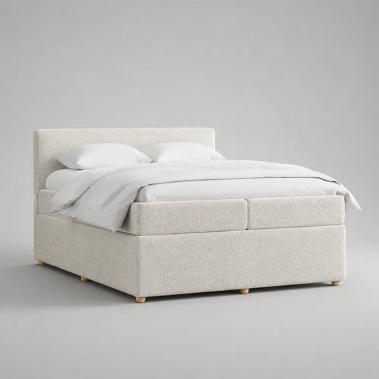 Letto matrimoniale 160x200 cm struttura imbottita in MDF rivestimento tessuto poliestere bouclé beige con testiera bassa piattaforma rettangolare