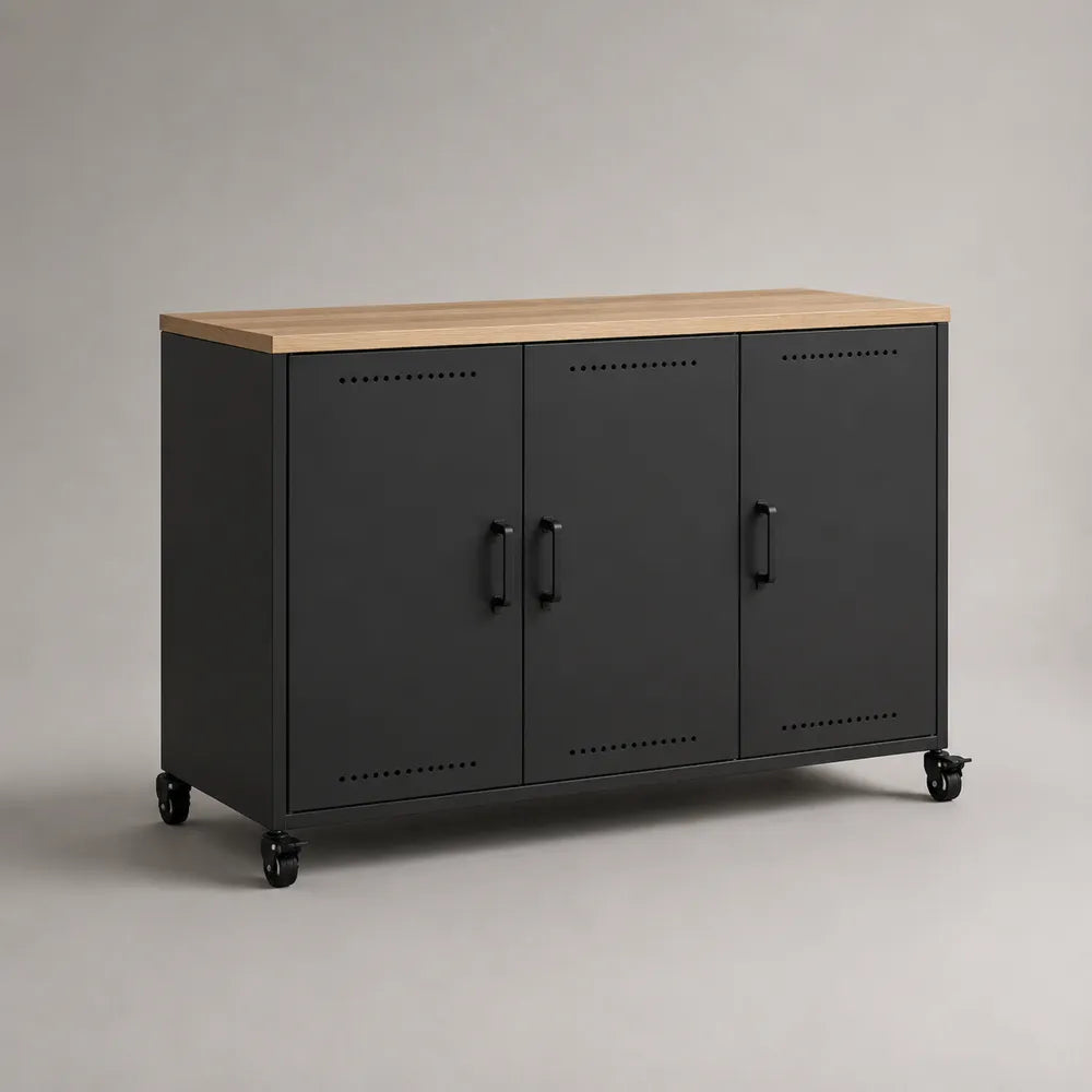 Credenza in acciaio verniciato nero con 3 ante e piano in melaminico effetto rovere con ruote 120 cm x 40 cm x 85 cm nero legno naturale