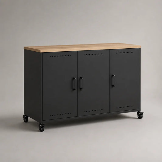 Credenza in acciaio verniciato nero con 3 ante e piano in melaminico effetto rovere con ruote 120 cm x 40 cm x 85 cm nero legno naturale