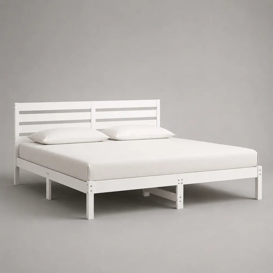 Letto matrimoniale 160x200 cm struttura in legno massiccio verniciato bianco rete a doghe in legno testiera a doghe orizzontali design rettangolare