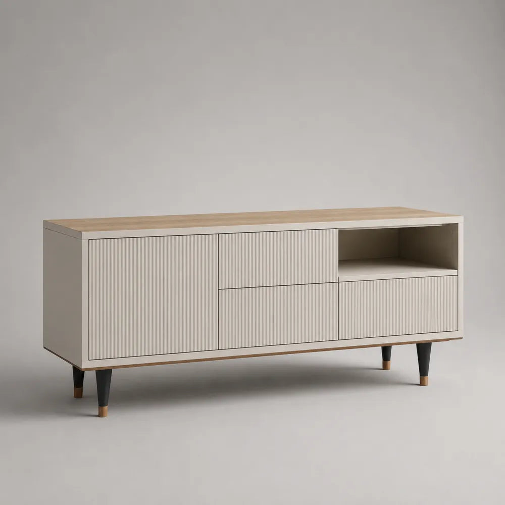 Mobile TV basso in MDF effetto rovere chiaro e bianco con cassetti vano aperto gambe in legno nero 160 cm x 40 cm x 55 cm