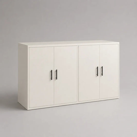 Credenza bassa in MDF bianco crema con 4 ante battenti e struttura rettangolare 160 x 40 x 80 cm con maniglie nere