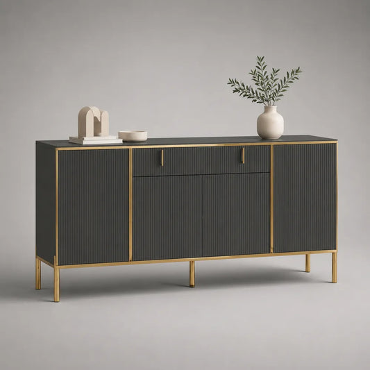 Credenza in MDF e metallo verniciato oro con ante scanalate e 1 cassetto 140 cm x 40 cm x 80 cm nero grigio scuro oro