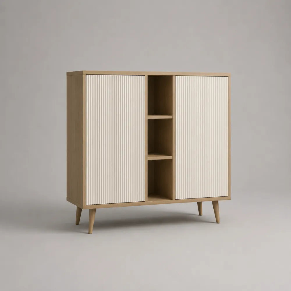 Credenza in MDF effetto rovere naturale e bianco con vani aperti e ante 120 cm x 40 cm x 85 cm rovere naturale bianco