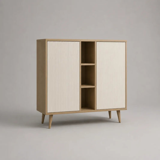 Credenza in MDF effetto rovere naturale e bianco con vani aperti e ante 120 cm x 40 cm x 85 cm rovere naturale bianco