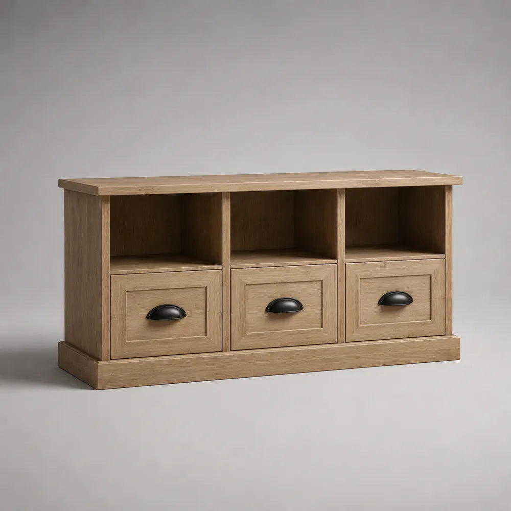 Mobile TV basso in truciolare effetto rovere naturale con 3 cassetti e vani aperti 150x40x60 cm