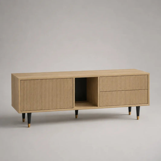 Mobile TV in MDF effetto rovere naturale con ante a listelli e cassetti struttura rettangolare con gambe nere e oro 160 cm x 40 cm x 50 cm