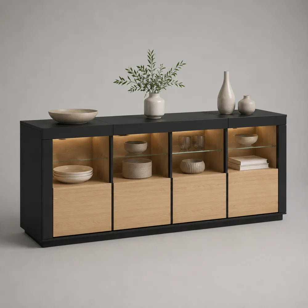 Credenza in MDF effetto nero e rovere con ante e vani a giorno illuminati e ripiani in vetro temperato 180 cm x 40 cm x 85 cm nero rovere trasparente