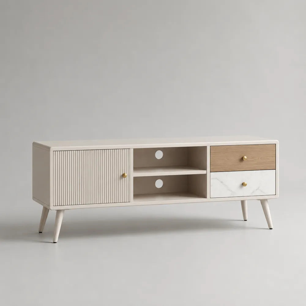Mobile TV basso in MDF effetto legno beige con dettagli oro e frontali scanalati e marmo 180x40x50 cm