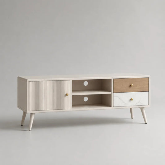 Mobile TV basso in MDF effetto legno beige con dettagli oro e frontali scanalati e marmo 180x40x50 cm