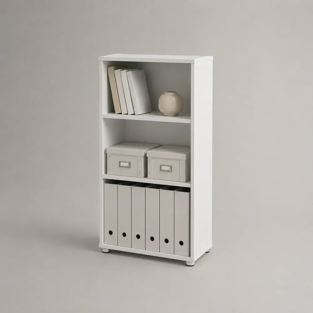 Scaffale da terra libreria a 3 ripiani in MDF laminato bianco con contenitori in tessuto e raccoglitori PP 60 x 30 x 120 cm