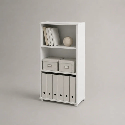 Scaffale da terra libreria a 3 ripiani in MDF laminato bianco con contenitori in tessuto e raccoglitori PP 60 x 30 x 120 cm
