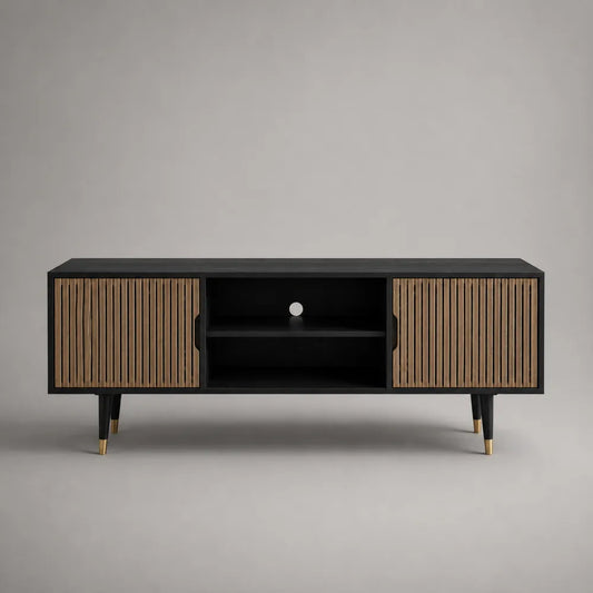 Mobile TV basso in MDF nero con ante a listelli in rovere naturale e vano centrale aperto 160 cm x 40 cm x 50 cm