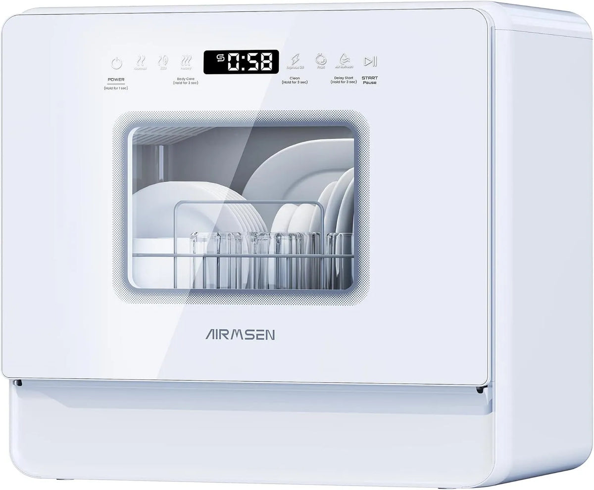 Lavastoviglie, 5 L, 2 programmi, ampio serbatoio, AIRMSEN Lavastoviglie da Tavolo Mini Lavastoviglie con 7+2 Programmi Funzione Sale Addolcitore