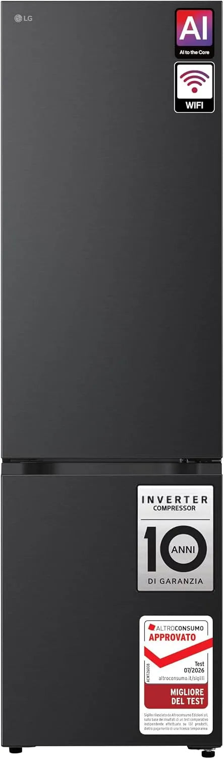 LG GBBS726AEV Frigorifero combinato, 375 L, classe energetica A, No Frost, Inverter, Linear Cooling, Wi-Fi, frigo con congelatore, nero, Larghezza 60