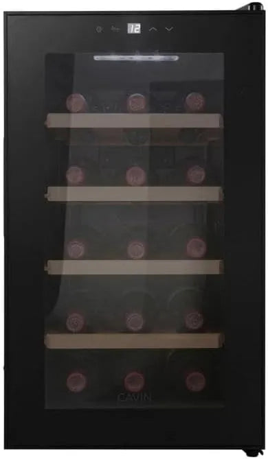 Cantinetta vino, 15 bottiglie, libera installazione, nero, Northern Collection 15 Black, porta con protezione UV, quattro ripiani in legno