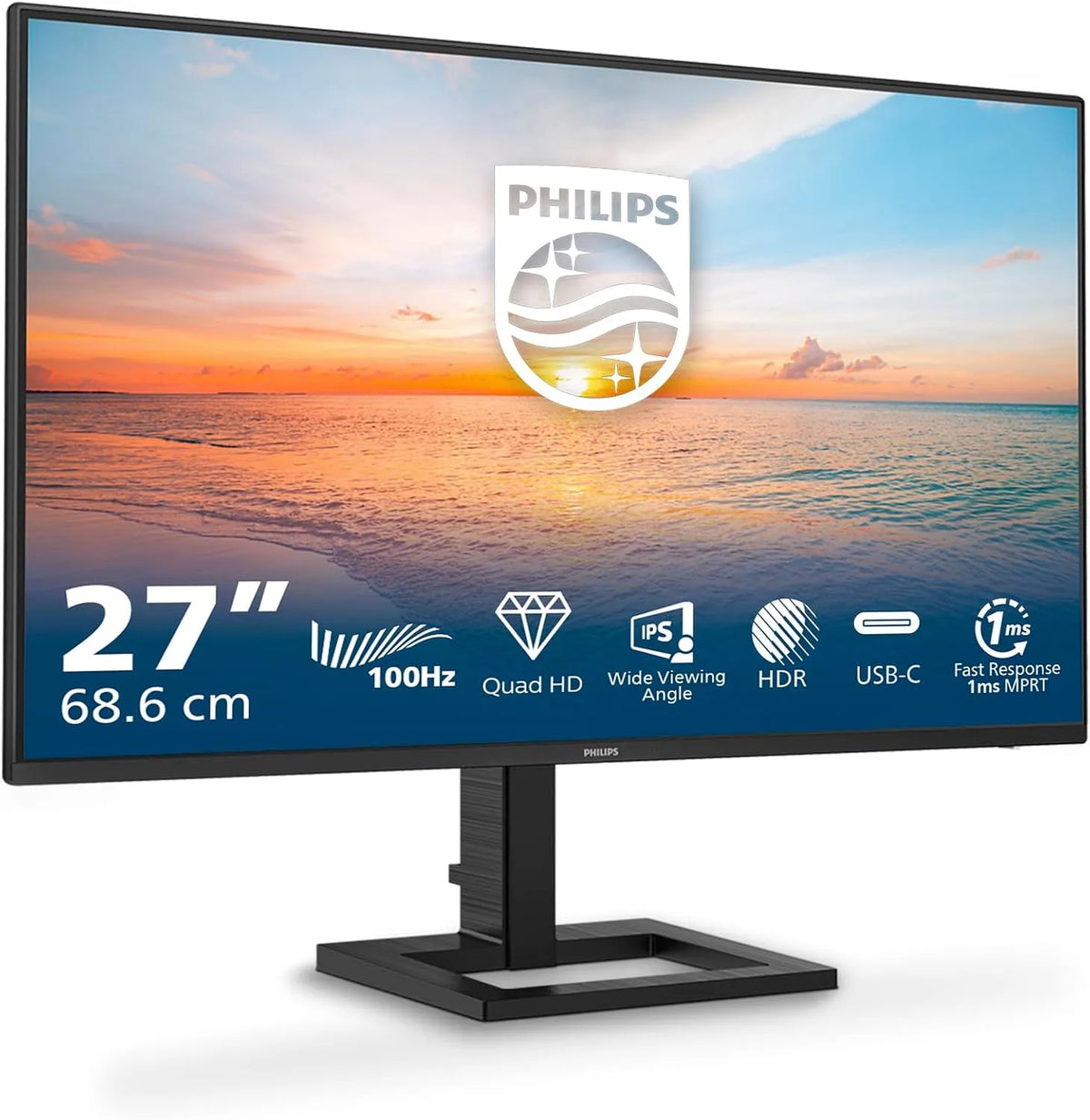 Philips 27E1N1600AM Monitor, 27 pollici, 2560 × 1440, 100 Hz, pannello IPS, HDMI, USB, nero, 65W PD, Hub USB, 100Hz, HDMI 1.4, altoparlanti