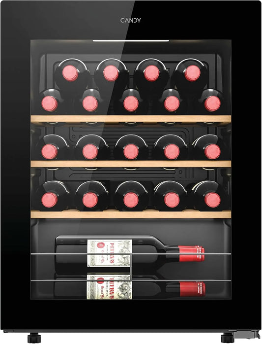 Candy CWC023 Cantinetta vino, 85 x 47, 5 x 45, 6 cm, 23 bottiglie, 37 dB, libera installazione, nero, Luce LED, Vetro Anti-UV, Ripiani Cromati