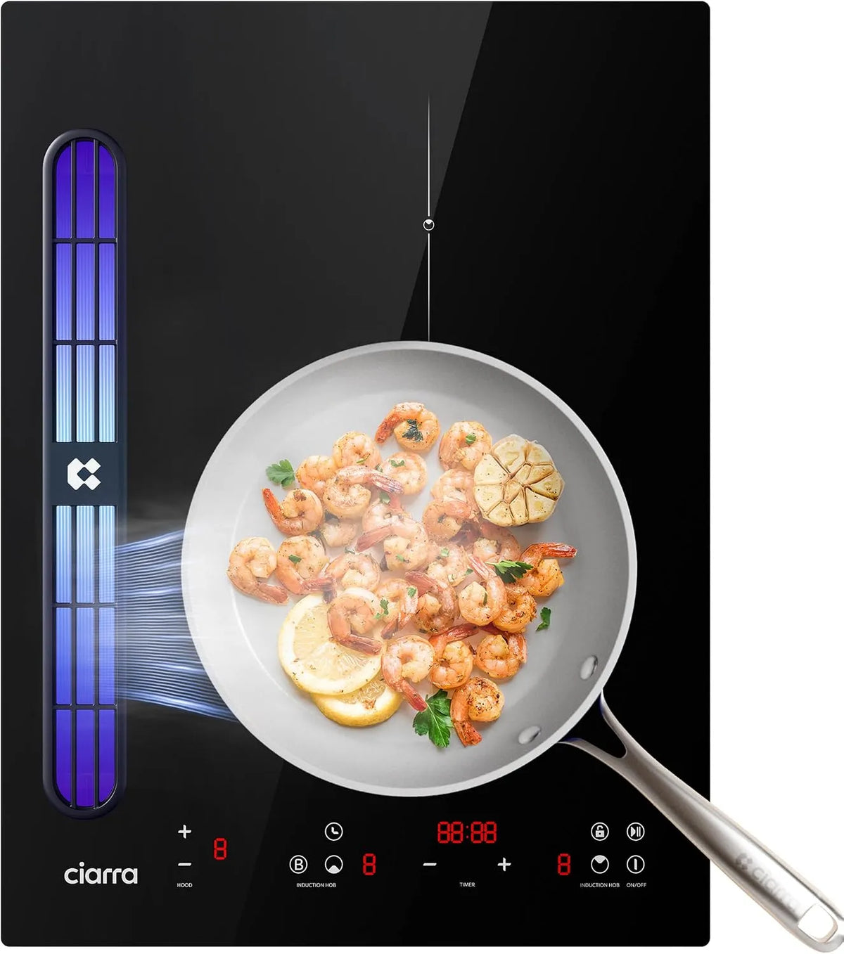 CIARRA Piano cottura a induzione, 2 fuochi, 3200 W, piastra a induzione, Ciarra Piano Induzione con Cappa Integrata 2 Fuochi 3200W