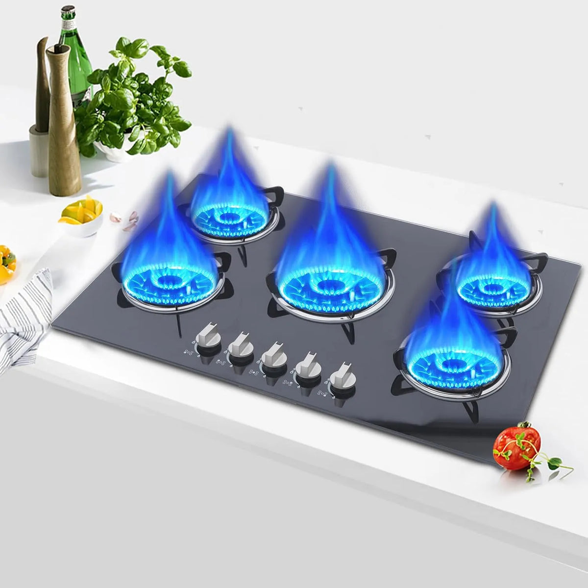 Piano cottura a gas, 77 x 51 x 7 cm, 5 fuochi, da incasso, fornello a gas, nero, GPL, gas naturale, in vetro, accensione a batteria