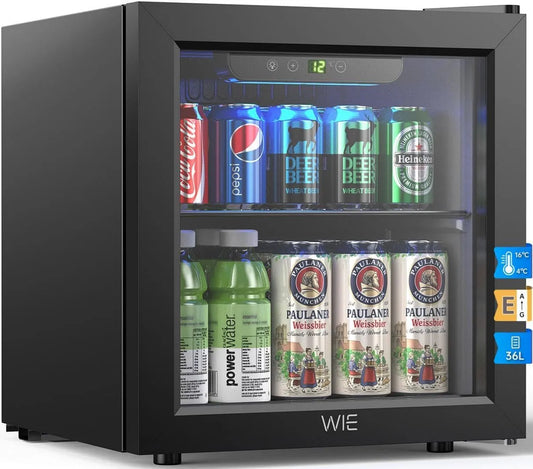 Frigorifero, 36 L, 4 a 16 °C, 43 dB, classe energetica E, vetro, Temperatura Regolabile 4-16°C, LED, Bar, WIE Mini Frigo 36L con Compressore, Porta in